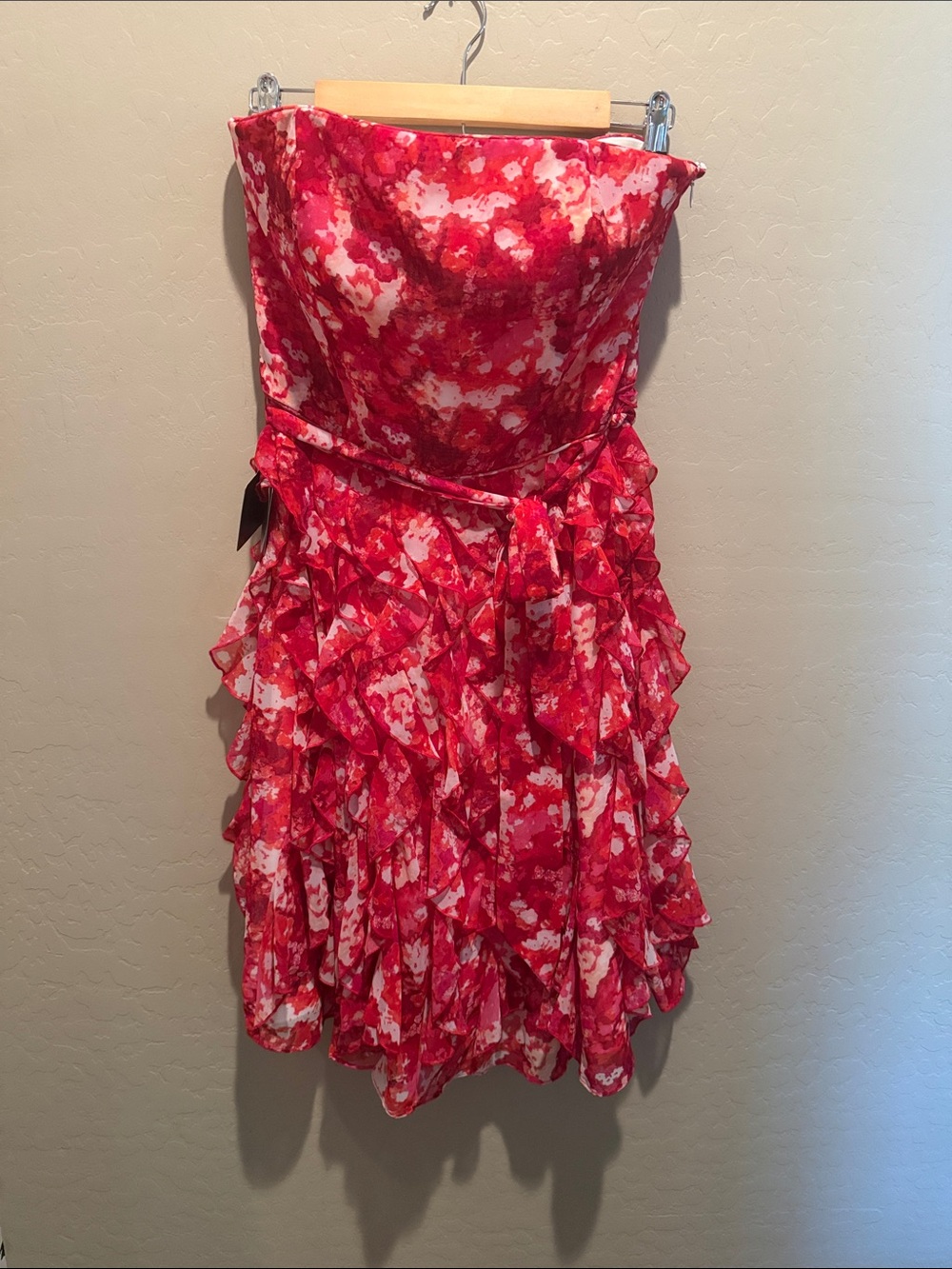 White House Black Market Strapless Red and White Ruffle Dress